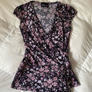 Women's Floral Wrap Top - Black and Pink